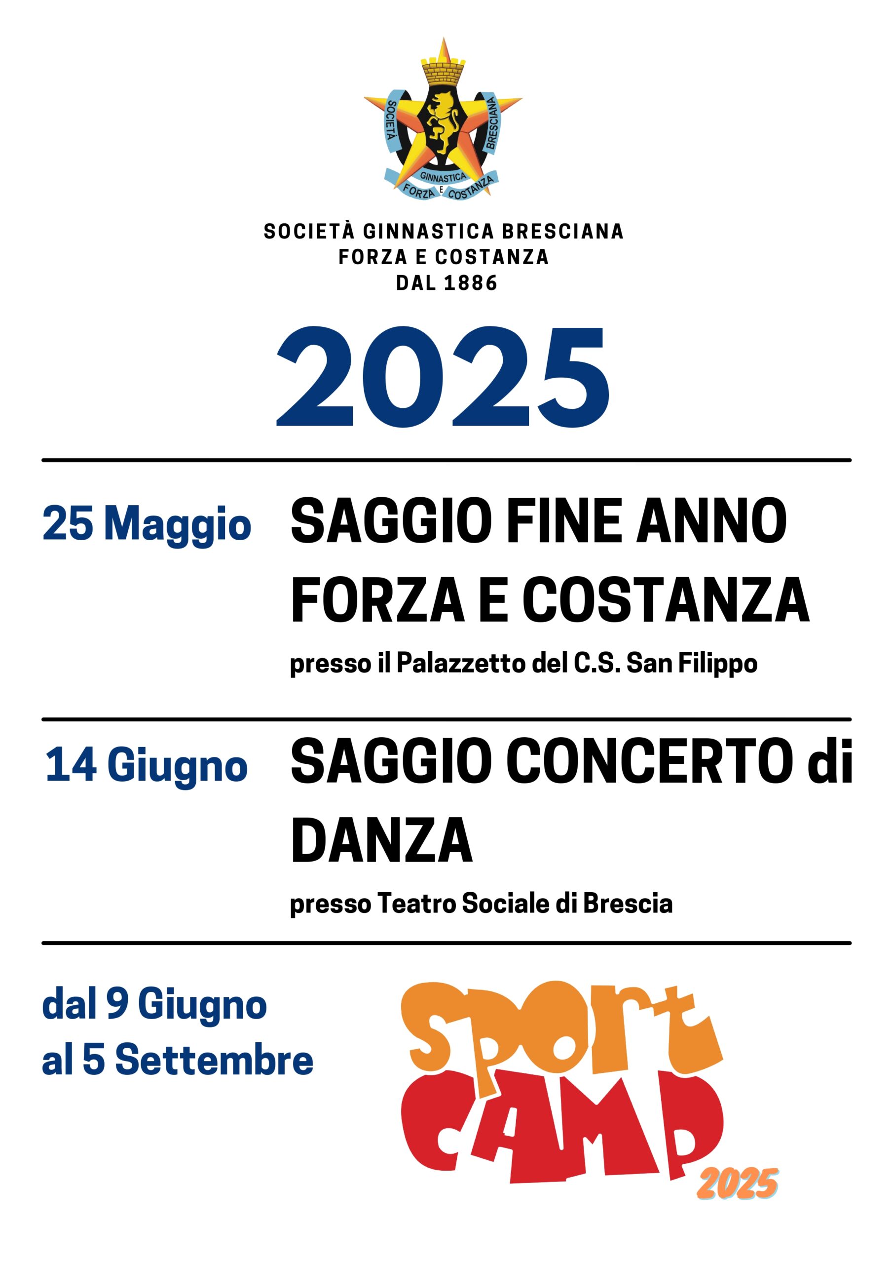 GINNASTICA FORZA " COSTANZA<br />
Eventi Invernali 2 0 2 4 - 2 5<br />
2- 3<br />
d i c e m b r e JUDO ALLENAMENTO CON I GENITORI<br />
11<br />
dicembre PSICOMOTR. ALLENAMENTO CON I GENITORI<br />
14<br />
dicembre ARTISTICA DIMOSTRAZIONE A PORTE APERTE<br />
16<br />
dicembre RITMICA BABY LEZIONI APERTE AL PUBBLICO<br />
18<br />
dicembre KARATE DIMOSTRAZIONE E PASSAGGIO CINTURA<br />
1 8 - 1 9 - 20<br />
dicembre AVV. DANZA LEZIONI APERTA AL PUBBLICO<br />
1 9 - 2 0<br />
dicembre D. MODERNA LEZIONI APERTA AL PUBBLICO<br />
1 9 - 2 0<br />
dicembre<br />
RITMICA LEZIONI APERTA AL PUBBLICO<br />
2 0<br />
dicembre EXTREME GYM LEZIONI APERTE AL PUBBLICO<br />
1 4 - 1 5<br />
gennaio D. CLASSICA LEZIONI APERTE AL PUBBLICO